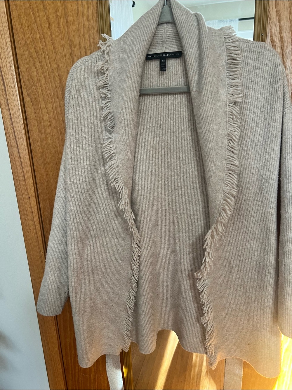 White House Black Market Fringe-Trim Taupe Open-Front Cardigan